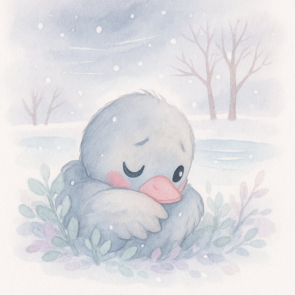 추운 겨울, 아기 새가 덤불 속에서 떨며 숨어 있는 장면